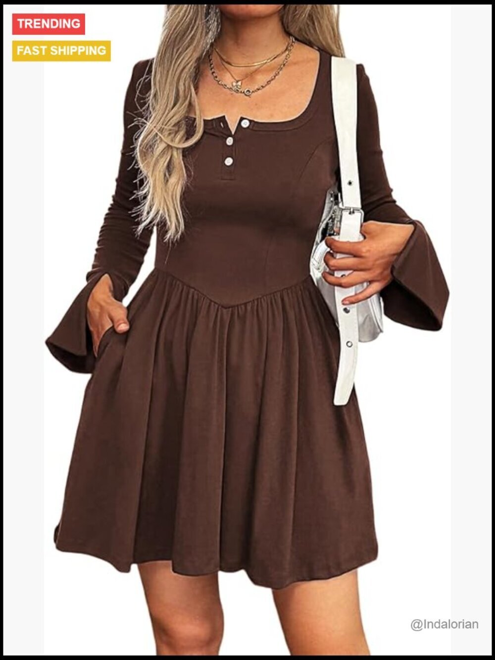 Long Sleeve Mini Dress Square Neck Button Down A-Line Pleated with Pockets